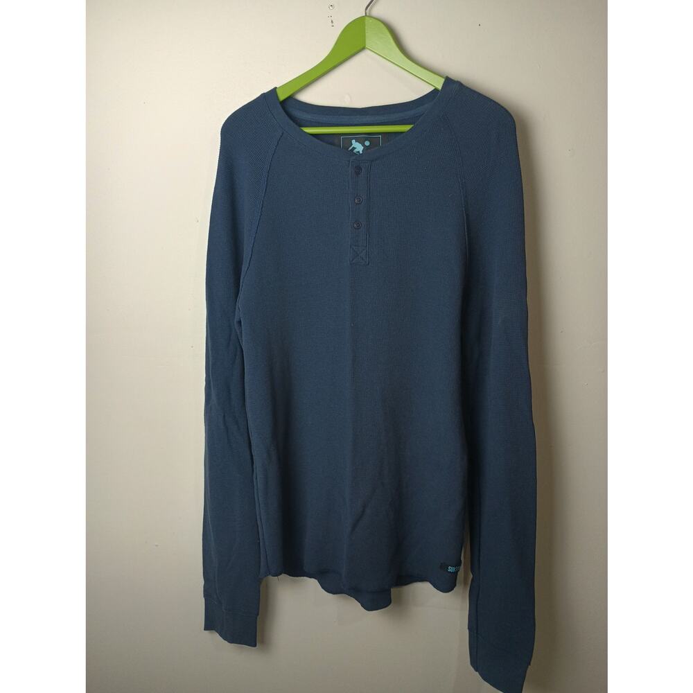 Men's Waffle Knit Henley Blue Long sleeve Top‎ Sun Surfer Large Outdoors